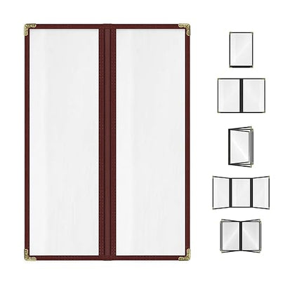 Goodsmart Restaurant Menu Covers - 25 Pack Burgundy 2 Pages / 4 Views 4.25" x 14", Top-Loading Vinyl Menu Holders with Clear Sleeves, Double-Stitched Edge, Leather-Style Café Covers with Gold Corners
