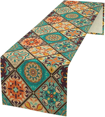 Bohemian Patchwork Table Runnerboho Colorful Tile Patchwork Indian Floral Print Table Runner for Home Kitchen Indoor Outdoor Party Wedding Decor, 13x90inch