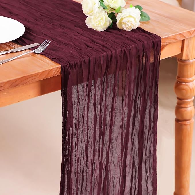 Snowkingdom 10 Ft Burgundy Red Fall Thanksgiving Cheesecloth Table Runner, Cheese Cloth Boho Rustic Gauze Runner for Wedding Bridal Baby Shower Birthday Christmas Sheer Home Table Decorations