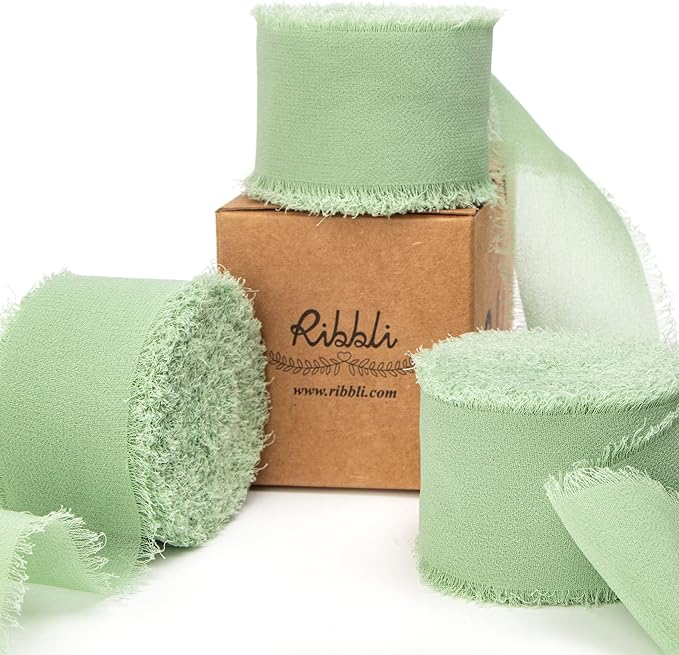 Ribbli Sage Green Chiffon Ribbon 1-1/2 inch x 30 Yard Handmade Fringe Chiffon Sage Silk, Sage for Wedding Invitations, Bridal Bouquets Wrapping, Flower Arrangement Decoration