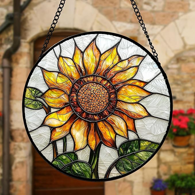 Stained Glass Window Hanging - Sunflower Flower Suncatcher Ready to Hang Window Doors Home Decoration and Christmas, Mother's Day Birthday Gifts for Women, Men, and Mom 6.3x6.3 in