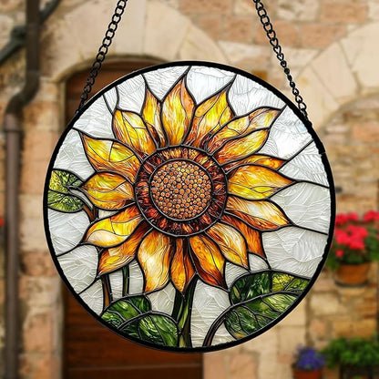 Stained Glass Window Hanging - Sunflower Flower Suncatcher Ready to Hang Window Doors Home Decoration and Christmas, Mother's Day Birthday Gifts for Women, Men, and Mom 7.8x7.8 in