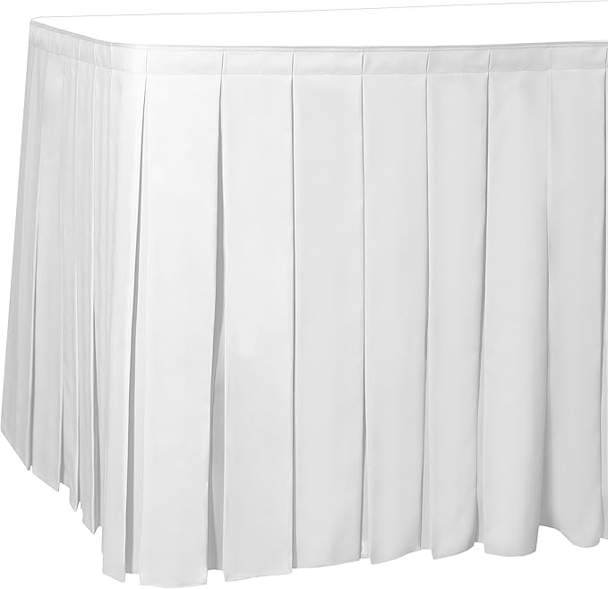 Ultimate Textile Pleat Polyester Fabric Table Skirt - Machine Washable Flame Resistant with Clips for Events, Weddings & Trade Shows, Cut & Sewn in Paterson, NJ - White, 17' Box Pleat