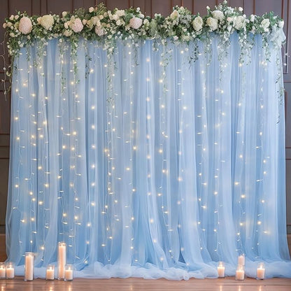 10x10ft Baby Blue Tulle Backdrop Curtain for Parites, Sheer Backdrop Curtains for Wedding Baby Shower Birthday Party Photo Shoot Decorations