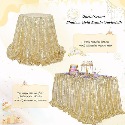 QueenDream Light Gold Sequin Decorative Party Tablecloth: Large Shimmer Dessert Table Overlay 90x132 Inch Dinner Table Drapes Cocktail Xmas Decor