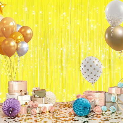 GCB 2Pack Macaron Yellow Metallic Tinsel Foil Fringe Curtains, Door Streamers Photo Booth Backdrop for Birthday Party, Tinsel Curtain Backdrop for Baby Shower Bachelorette Christmas Party Decorations