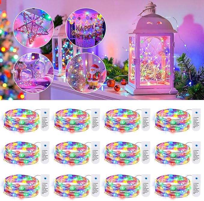 Minetom 12 Pack Fairy Lights Battery Operated String Lights, 8 Modes & Timer, 7ft 20LED Multicolor Waterproof Silver Wire Twinkle Lights, Firefly Starry Moon Lights for Mason DIY Christmas Wedding