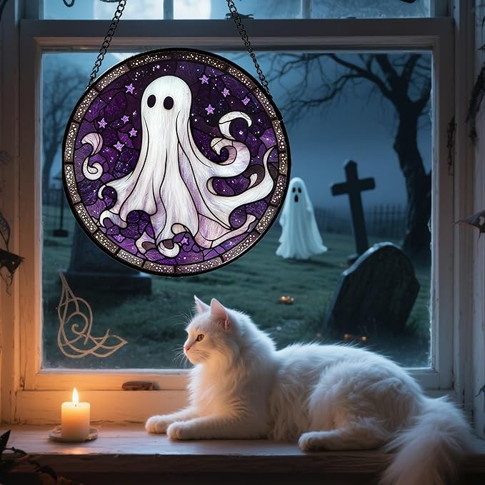 Stained Glass Window Hanging - Halloween Decorations White Ghost Purple Stars Suncatcher for Doors Garden Spooky Funny Sun Catchers Gothic Decor Horror Gifts for Women Men Friend 15 in