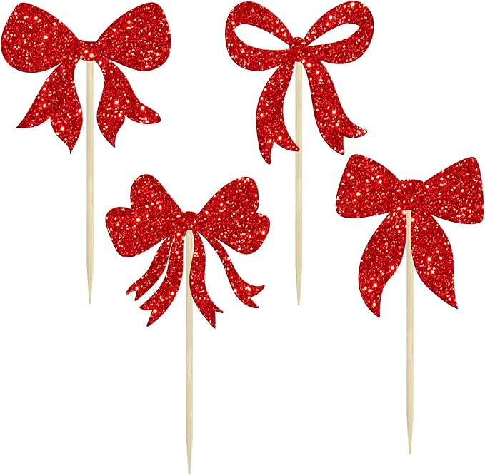 Gyufise 36Pcs Bow Cupcake Toppers Glitter Bowknot Cupcake Picks Bow Tie Birthday Decorations Princess Bow Cupcake Decorations for Bowknot Theme Baby Shower Birthday Party Supplies Red