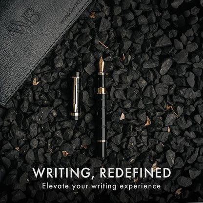 Wordsworth & Black Primori Fountain Pen Set [Black Gold]; Fine Nib, Gift Case, 24 Ink Cartridges, Refill Converter, Manual; Journaling, Calligraphy, Smooth Writing Pens; Left and Right Handed