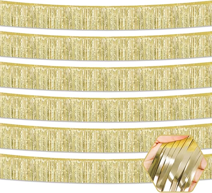 6 Pack 10 Feet Light Gold Foil Fringe Garland Metallic Tinsel Streamers Banner Wall Hanging Curtain Backdrop for Parade Floats, Birthday, Graduate, Mother's Day, Wedding Party Decoration