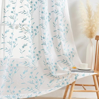 Sheer Curtains White-Blue 45 Inches Long Floral Embroidery Rod Pocket Voile Drapes for Living room, Bedroom, Window Treatments Semi Lace Outdoor Curtain Panels for Yard, Kitchen, Set of 2, 52"x 45".