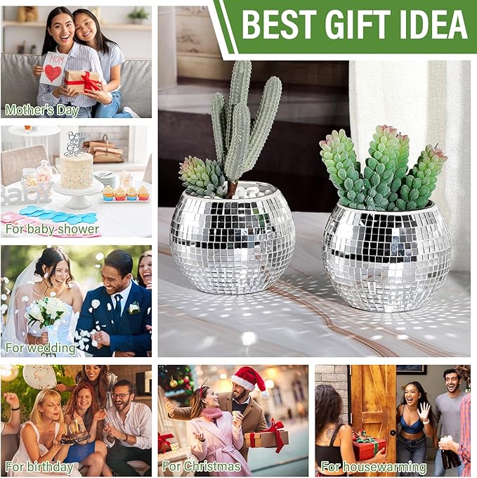 Jinei 12 Pcs Disco Vases Bulk Silver Mirror Disco Ball Flower Glass Ball Planter Candle Holder Glass Vase for Wedding Table Centerpieces Bedroom Office Birthday Decoration (3" X 4")