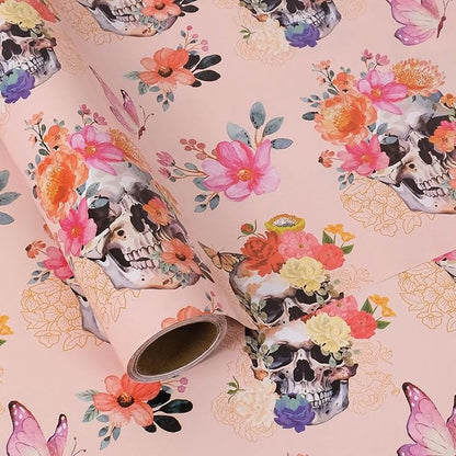 Aimyoo Gothic Wrapping Paper Roll, 17 Inch X 16.5 Feet Skull Floral Butterfly Design Gift Wrap Paper for Mother's Day, Birthday Bridal Shower