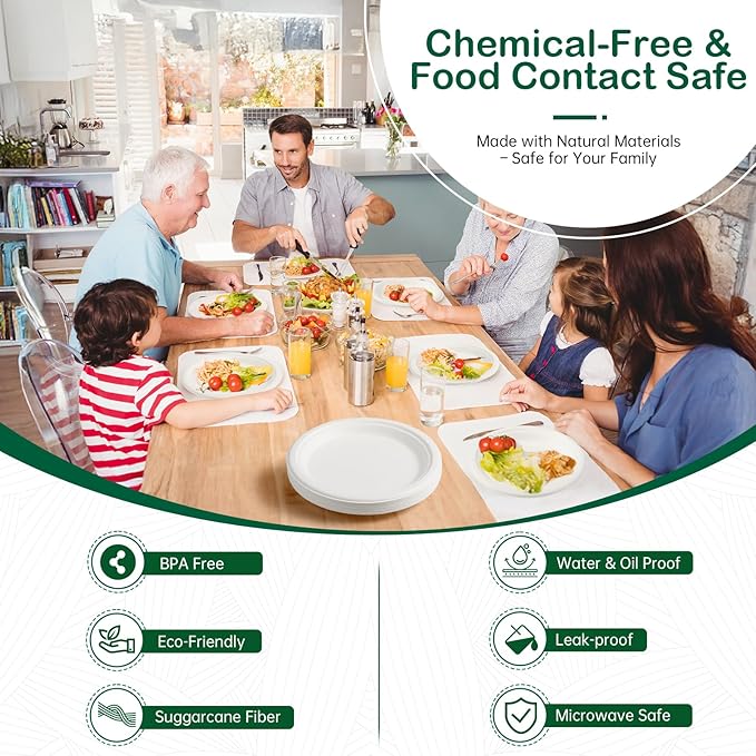 𝟔 𝐈𝐧𝐜𝐡, 𝟏𝟐𝟖-𝐏𝐚𝐜𝐤 Compostable Paper Plates, Heavy-Duty Biodegradable Disposable Dish Made from Bagasse, Perfeck for Snacks, Desserts, Party, Wedding and More (White)