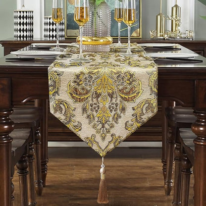 Large Dinner Room Table Runner Jacquard Chenille Luxury Floral Tablecloths Beige (13*120 inch)