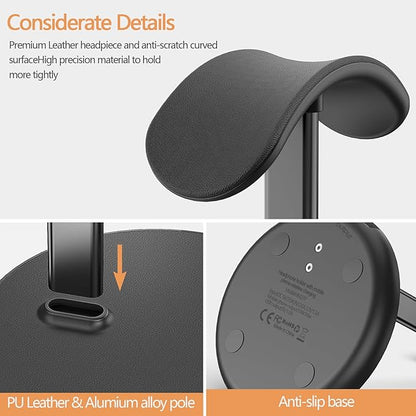Headphone Stand with Wireless Charger, Gaming Headset Holder Hanger Rack 2 IN 1 Wireless Charging Station Dock for iPhone 15/14/13/12/11 Series, Samsung, AirPods Pro/3/2 and Desk All Headphones, Black