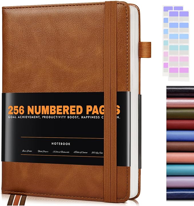 Lined Journal Notebook for Women Men, 256 Numbered Pages Hardcover Leather Journals for Writing, A5 Journaling Notebooks, College Ruled Journal for Business Work School 5.75" x 8.38" Light Brown