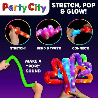 Party City 24pk LED Light Up Pop Tubes 25”- 3 Mode Stretchy Tubes LED Light Up Toys Bulk Glow Sticks Party Favors for Kids Necklaces Bracelets Neon Glow in the Dark Supplies Fidget Sensory Tube Pack