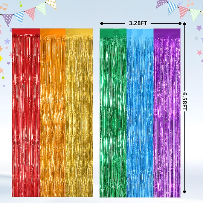 2Pack Rainbow Foil Fringe Curtains Backdrop Decorations, Rainbow Metallic Tinsel Foil Streamers Curtain Photo Booth Background for Birthday Wedding Engagement Bridal Shower Unicorn Party Decorations