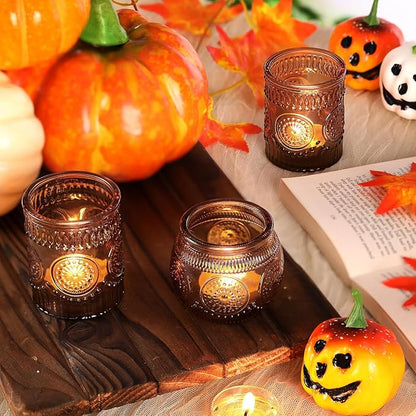 DARJEN 24Pcs Amber Votive Candle Holders - Vintage Glass Candle Holder, Candle Holders Bulk for Wedding & Home Decoration, Tea Lights Candle Holders for Festival Party Gift