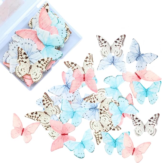 Ephlyn 48Pcs Edible Butterfly Cupcake Toppers Cupcake Picks Edible Butterfly Cupcake Decorations for Theme Baby Shower Kids Birthday Party Cake Supplies Multi