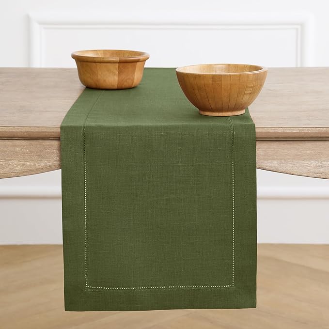 Solino Home Linen Table Runner 36 Inches - 100% Pure Linen Olive Hemstitch Table Runner 14 x 36 Inch Ideal for Dresser and Coffee Tables - Classic Hemstitch - Thanksgiving