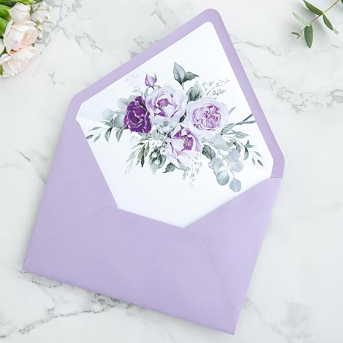 PONATIA 50PCS A7 Euro Flap Envelopes, 5.25 x 7.25'' Lilac Flowers Liner Envelopes for 5x7 Weddings Invitations, Photos, Postcards, Greeting Cards, Christmas Gift Cards, Acrylic Mailing