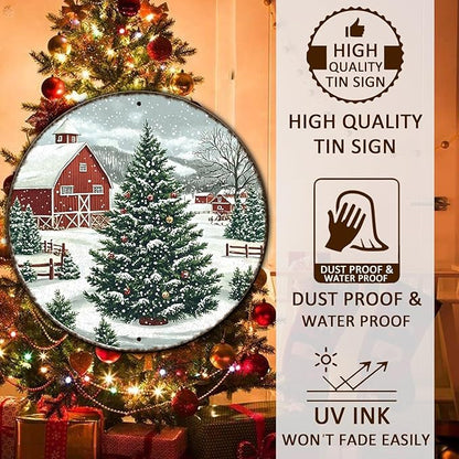 Round Christmas Trees Barn Metal Tin Sign Christmas Vintage Tin Sign for Kitchen Cafe Bar Farmhouse Home Wall Decor Art Winter Decoration 12 * 12 in