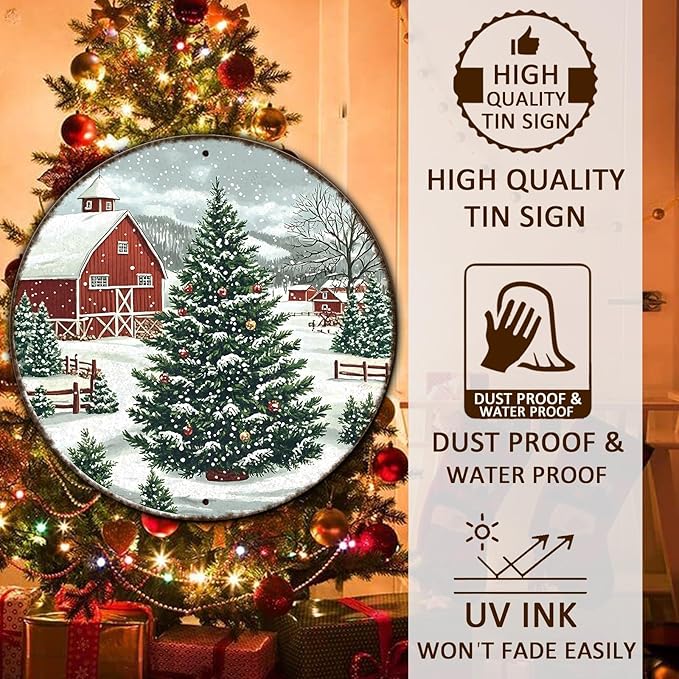 Round Christmas Trees Barn Metal Tin Sign Christmas Vintage Tin Sign for Kitchen Cafe Bar Farmhouse Home Wall Decor Art Winter Decoration 8 * 8 in