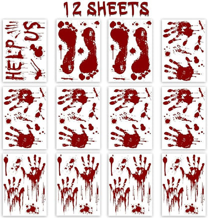 Halloween Window-Clings-Decorations Bloody-Handprint-Footprint Stickers, Scary Halloween Party Indoor/Outdoor Decoration, for Windows, Car - 12 Sheets