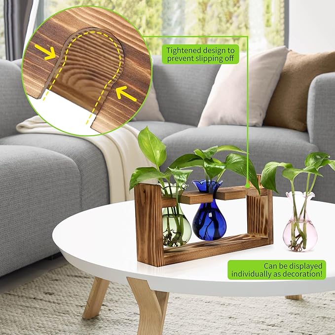 Plant Propagation Station Plant Terrarium Unique Birthday Gifts for Women Home Office Decor Planter with Wooden Stand - 3 Bulb Glass Vase