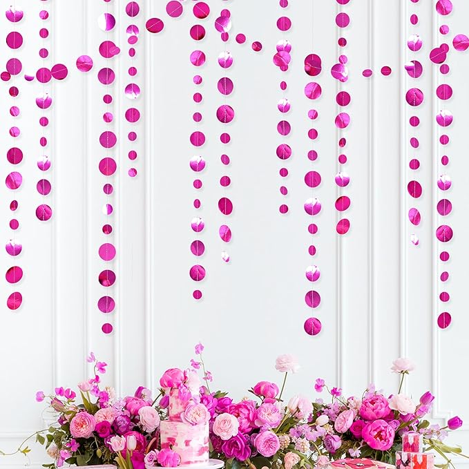 Hot Pink Party Decorations Circle Dots Garland Metallic Rose Pink Hanging Paper Polka Dots Streamer for Bachelorette Birthday Engagement Wedding Bridal Shower Anniversary Baby Shower Party Supplies
