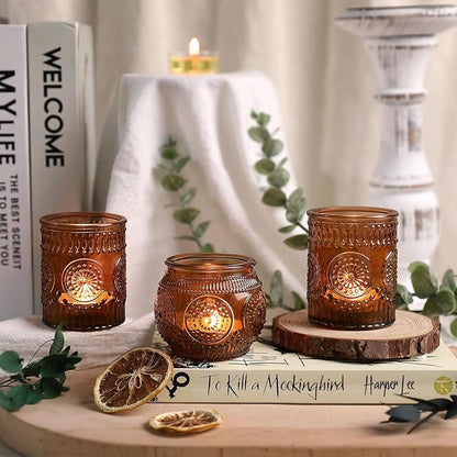 DARJEN 24Pcs Amber Votive Candle Holders - Vintage Glass Candle Holder, Candle Holders Bulk for Wedding & Home Decoration, Tea Lights Candle Holders for Festival Party Gift