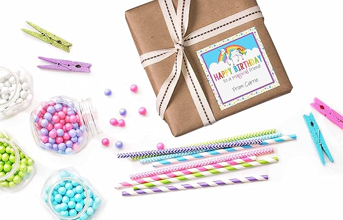 Custom & Personalized Rainbow Unicorn Happy Birthday Gift Tag Sticker Labels, 24 2.5" Square Stickers by Amanda Creation