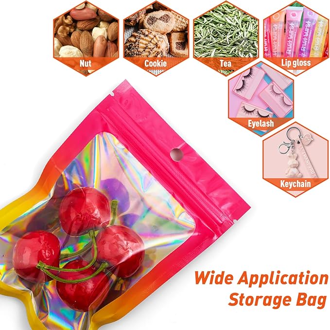 Funfery 100 Pack Gradient Holographic Bags,Mylar Resealable Bags with Zipper,Clear Window Packaging Pouchs,Smell Proof Bag for Food Storage,Sample Jewelry Bag(2.7x3.9In,Hot Pink Orange)