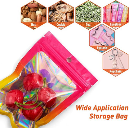 Funfery 100 Pack Gradient Holographic Bags,Resealable Bags with Zipper,Clear Window Packaging Pouchs,Foil Bag for Food Storage,Sample Jewelry Baggies(3×4.7In,Hot Pink Orange)