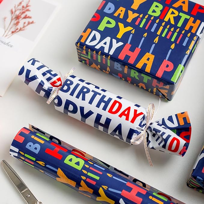 Yarcony Reversible Birthday Wrapping Paper Roll - 17 Inch X 33 Ft(46.8 Sq.Ft.Ttl) - Creative Colorful Happy Birthday Lettering & Candle Navy Blue Gift Wrap for Party, Baby Shower & Holiday