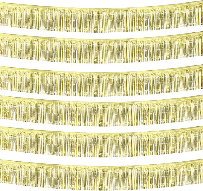 6 Pack 10 Feet Foil Fringe Garland Metallic Tinsel Streamers Banner Wall Hanging Curtain Backdrop Banner for Parade Floats, Thanksgiving, Christmas, Birthday, Halloween Party Decorations(Light Gold)