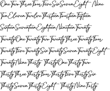 Cursive Wedding Table Number SET, DIY thin modern Black or White acrylic cutouts with silicone glue included. Words only, no backing (One - Five, Matte Black)