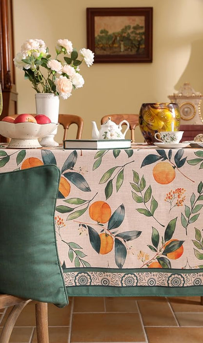 patdrea Designer Vintage Linen Long Rectangle Table Cloth,Framhouse Oranges and Leaves Pattern French Tablecloth,Fall Decor Cover for Kitchen Dining Christmas,Thanksgiving,63"x94"-Palladin a