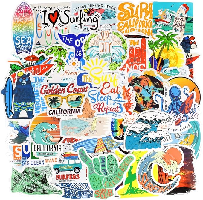 Surf Stickers for Teens Girls Boys Surfing Laptop Stickers for Water Bottles Surfboard Waterproof Vinyl Stickers Surfer Stickers Pack 50Pcs''