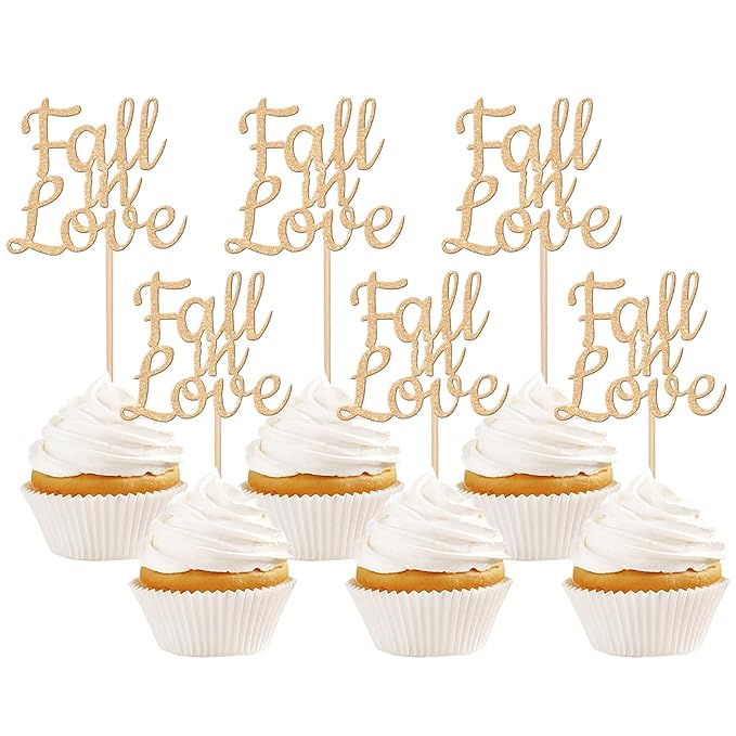 24 PCS Fall in Love Cupcake Toppers Glitter Fall Theme Bridal Shower Cupcake Picks for Autumn Wedding Engagement Anniversary Birthday Bridal Shower Party Cake Decorations Supplies Champagne Gold