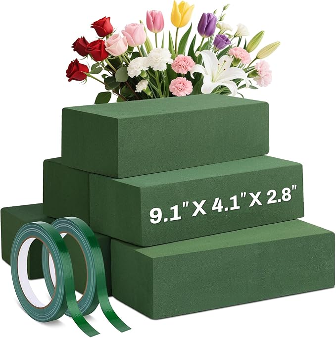 MAPVOLUT 6 Pack Green Floral Foam Blocks (9.1"x4.1"x2.8") + 2 Rolls Waterproof Floral Tape | Wet & Dry Flower Arrangement Foam for Fresh/Silk Flowers, DIY Crafts, Weddings, Centerpieces