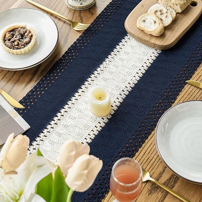 Artoid Mode Dark Blue Farmhouse Rustic Table Runner, Seasonal Hollow Kitchen Dining Table Decoration for Home Party Decor 12x72 Inch