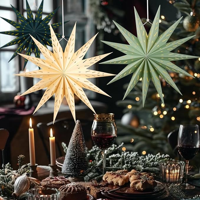 3Pcs 14-Pointed 18 Inch Paper Star Decorations Christmas Party Decorations Sage Green Yellow Hanging Star Decoration Hanging Lamp Shade for Christmas Home New Year Party