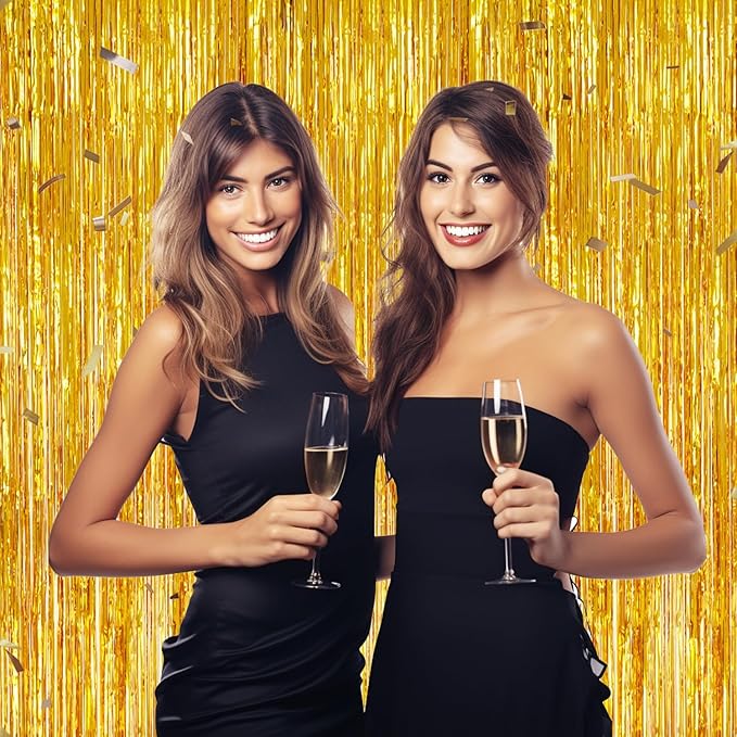 3 Pack Foil Fringe Backdrop - Gold Shiny Tinsel Curtains for Party Decoration/Photo Booth Props - 3.3x8.2 FT Metallic Foil Backdrop for Birthday, Wedding, Graduation, Christmas.