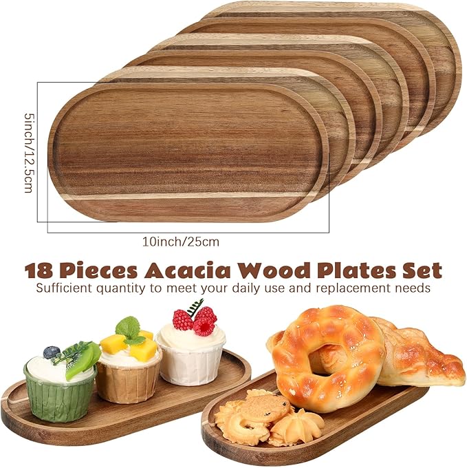 Wenqik 18 Pieces Acacia Wood Tray Set 10 x 5 Inch Acacia Oval Wood Tray Platters Plates Set for Fruit Cheese Dessert Appetizer Vegetable Charcuterie BBQ Party Weddings Supply