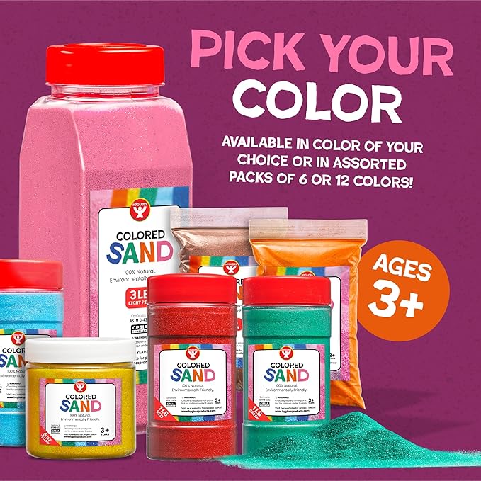 Hygloss Colored Sand for Craft – 6 Assorted Colors Bags – 3 lb– Vibrant Colorful Fine Sensory Play Sand Art Kits for Kids – Classroom Activities for Children 3 4 5 6 7 8 9 10 11 12 – Safe for Ages 3+