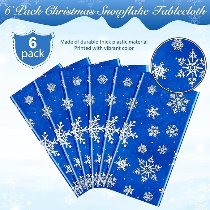 Jectivs 6 Pieces Christmas Snowflake Plastic Party Tablecloth Decorations,White Snowflake Blue Xmas Backdrop Sign Table Cover Banner for Winter Christmas Holiday Party Supplies,54x108 inch (Blue)